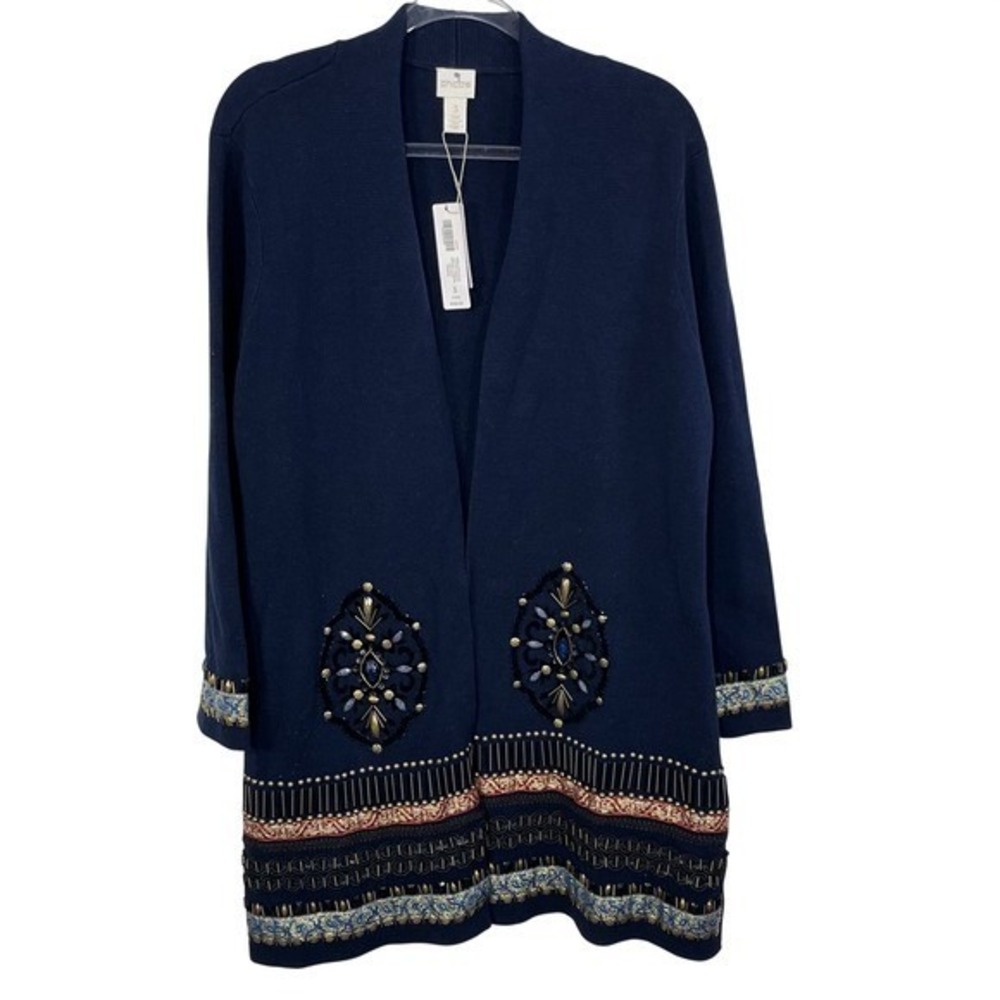Chicos Elektra Cardigan Women 3 Deep Navy Blue Embellished Beaded Open Front NWT